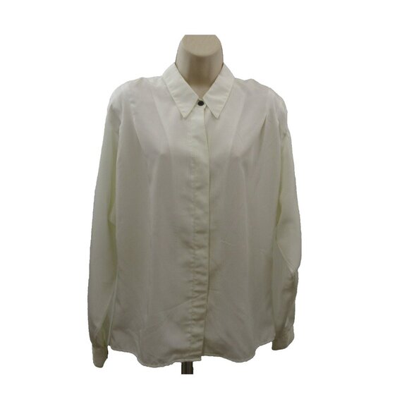 Chaus Blouse Womens 14 White Pleated Shoulder Hidden Front Button Placket Cuff - Picture 1 of 9